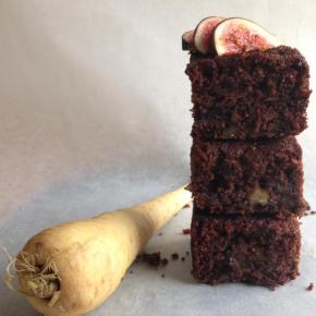 Fig, walnut and honey brownies made with parsnip